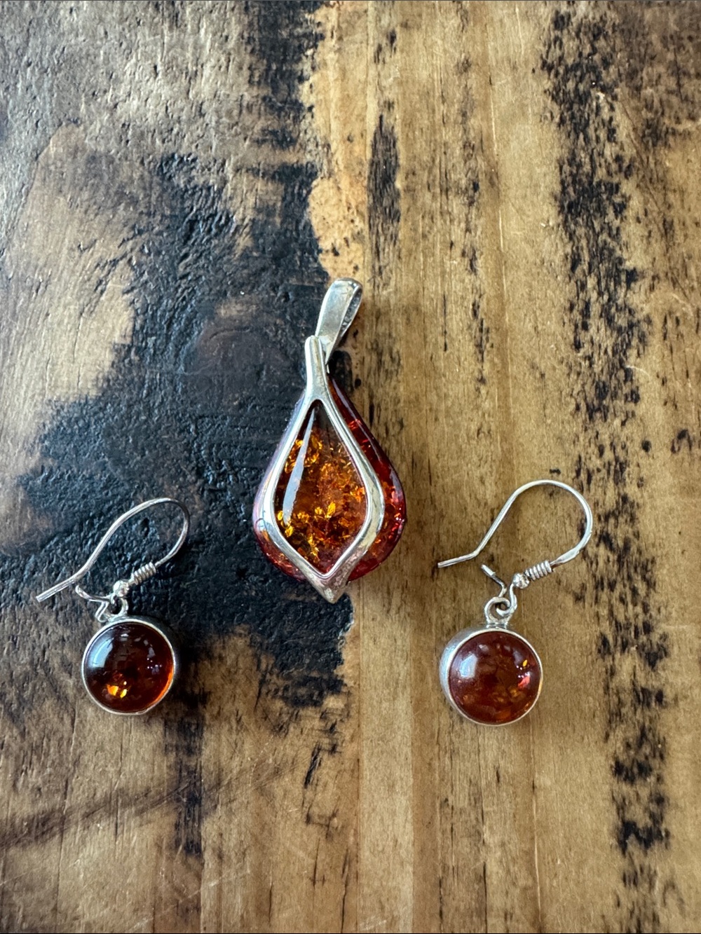 Sterling Silver Amber Teardrop Pendant and Stud Earrings Set - Brown Amber